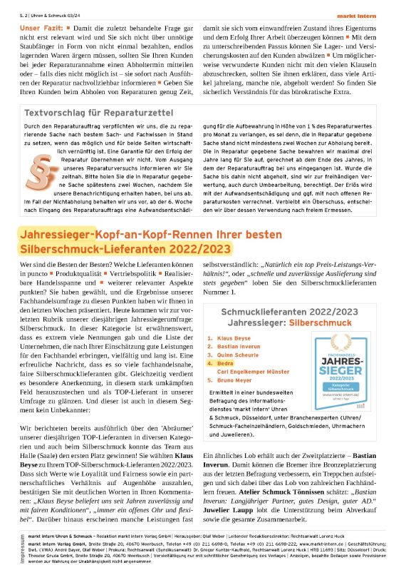 Jahressieger Silberschmucklieferant